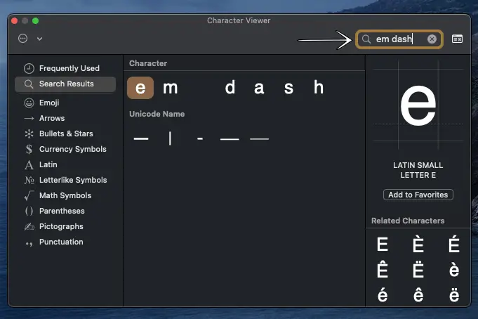 Insert an em dash using the macOS character viewer Step-4