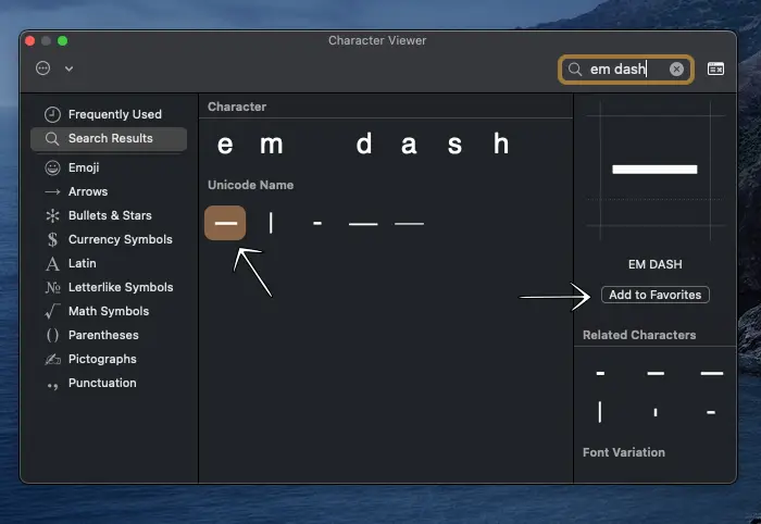 Insert an em dash using the macOS character viewer Step-5