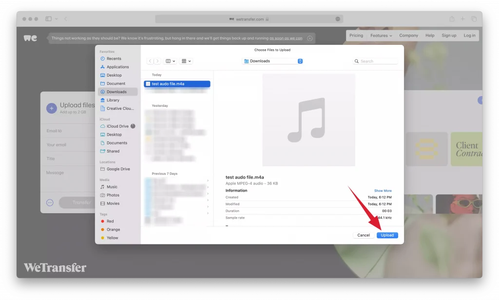 Email audio files using wetransfer step-3