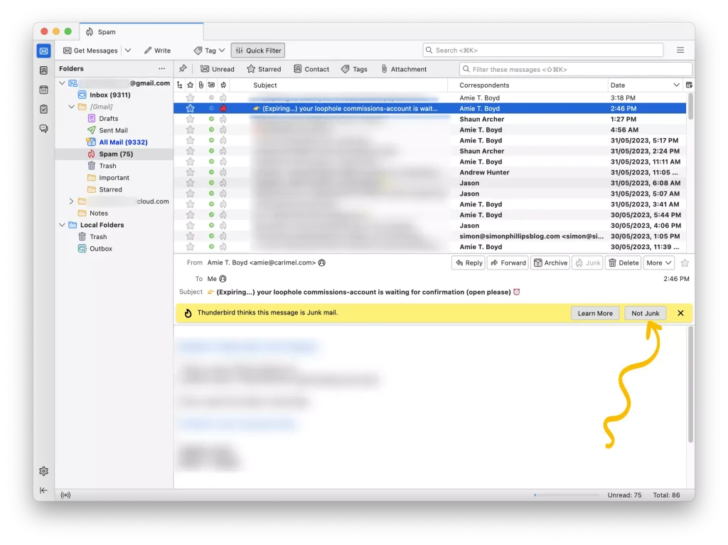 Unmark Sender’s Email Marked As Spam In Mozilla Thunderbird Step 05