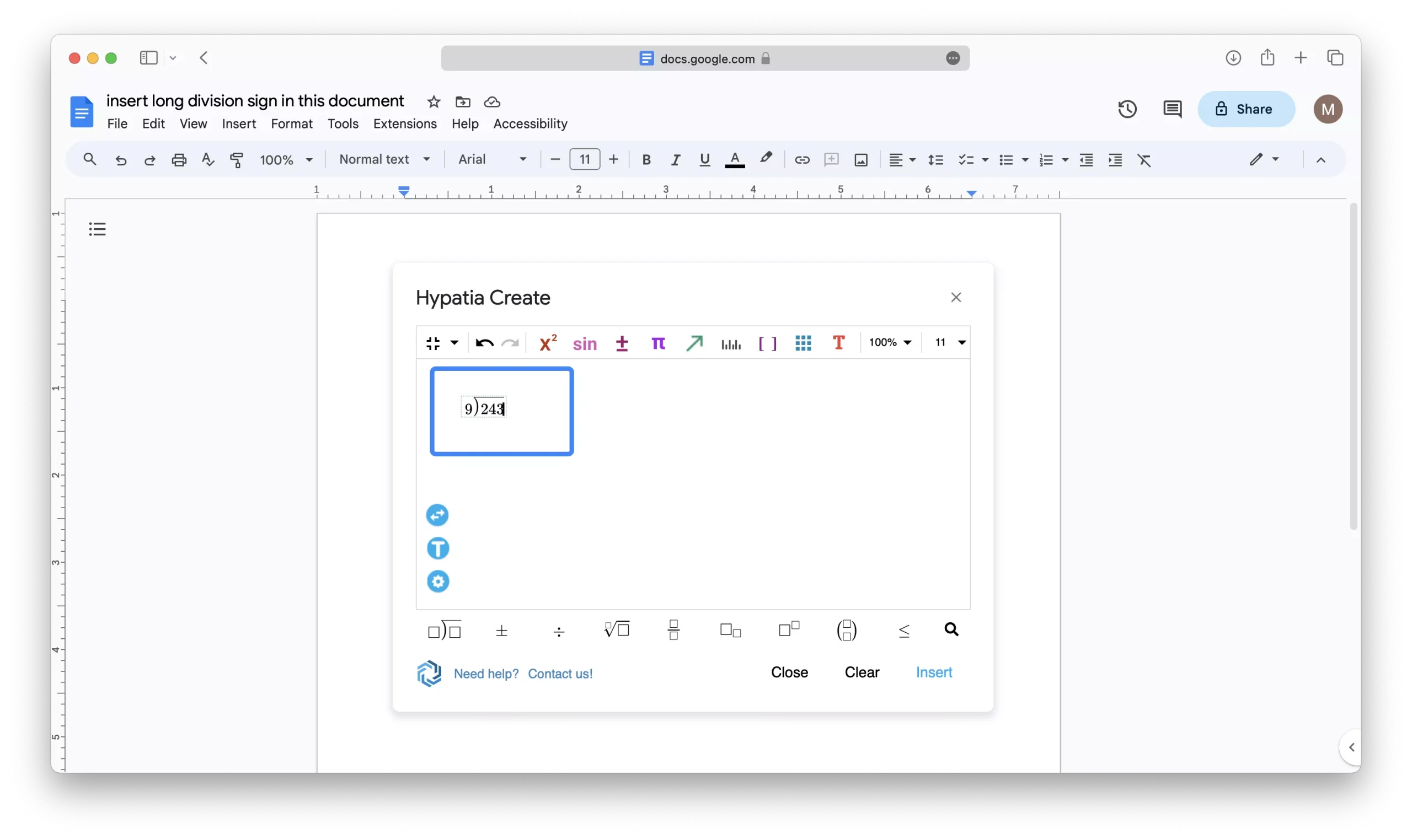 Using the Hypatia Create Extension to Insert the Long Division Symbol in Google Docs 15