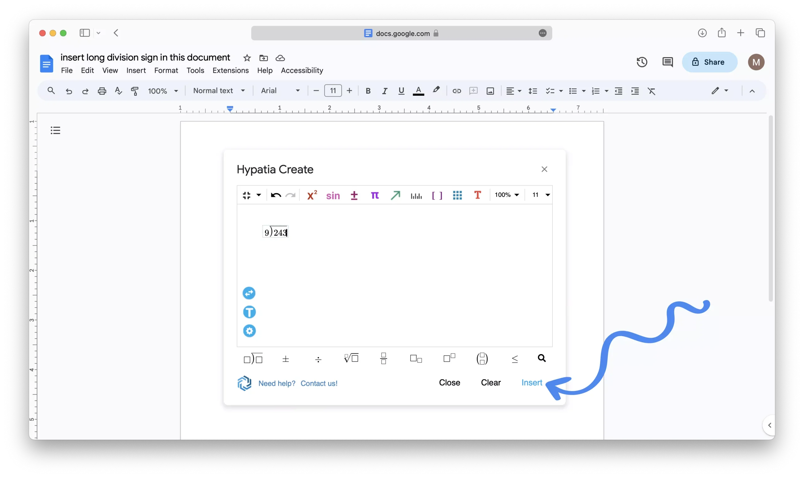 Using the Hypatia Create Extension to Insert the Long Division Symbol in Google Docs 16