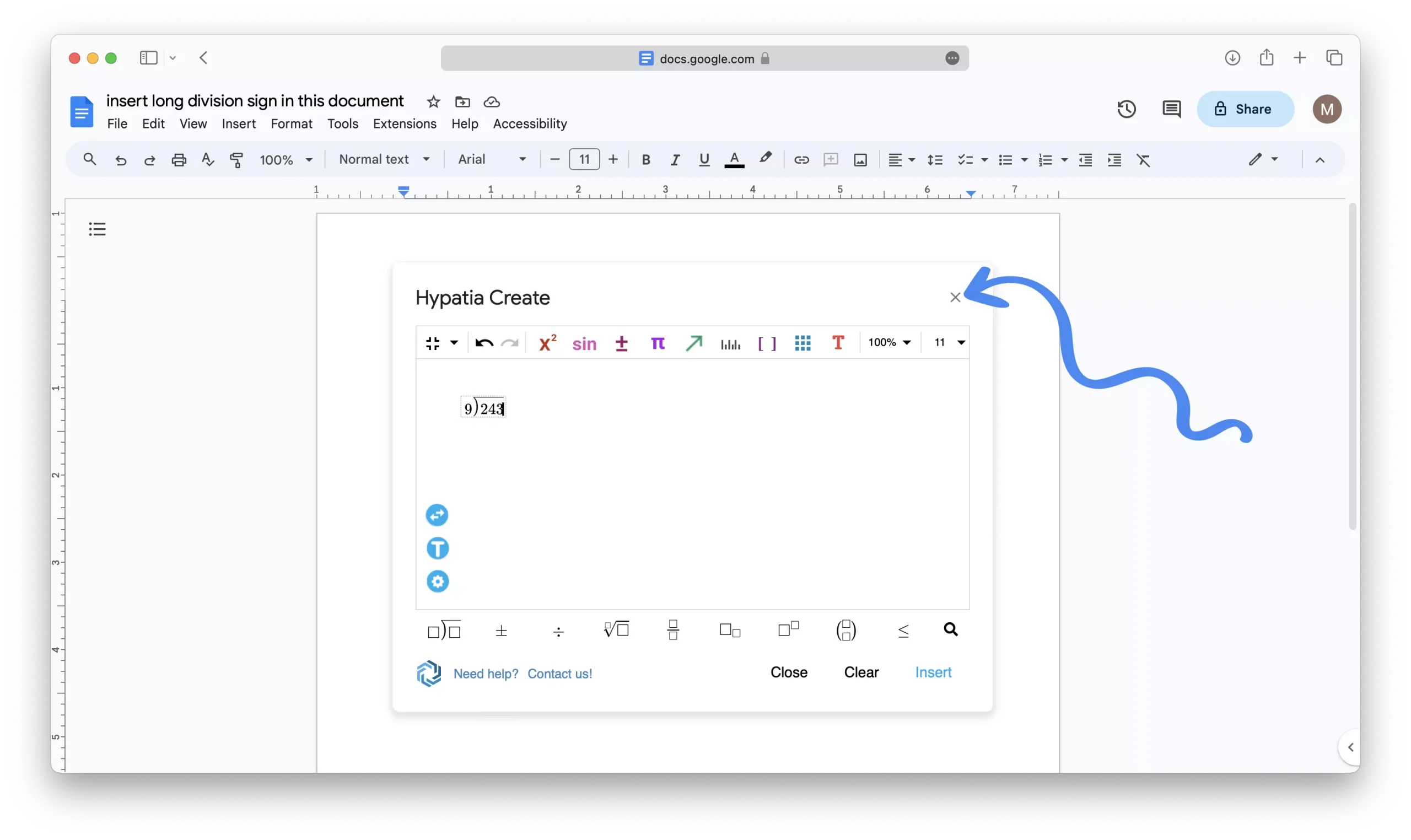 Using the Hypatia Create Extension to Insert the Long Division Symbol in Google Docs 17
